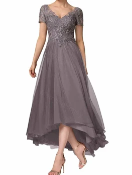 Женское платье Матери невесты с кружевной аппликацией чайной длины, шифоновое вечернее платье с V-образным вырезом, высокое низкое платье для выпускного вечера MH880