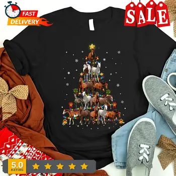 Рубашка для любителей лошадей с рождественской елкой, Рубашка для девочек-лошадей, Рубашка для мамы-лошади, Веселое Рождество с длинными рукавами
