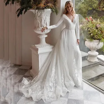 Элегантное винтажное кружевное свадебное платье с длинным рукавом, свадебные платья 2022 с V-образным вырезом и открытой спиной, свадебные платья в стиле бохо, пояс от кутюр на заказ