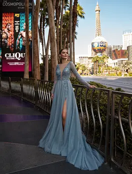 Элегантное вечернее платье знаменитости с длинным шлейфом 2024, вечернее платье трапециевидной формы с глубоким V-образным вырезом и высоким разрезом, расшитые блестками выпускные платья
