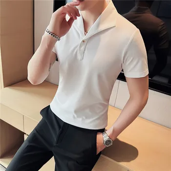 Летняя мужская рубашка поло с коротким рукавом 2023, Модная Простая белая Однотонная повседневная рубашка-поло с лацканами, Приталенная Официальная мужская рубашка-поло Homme Streetwear