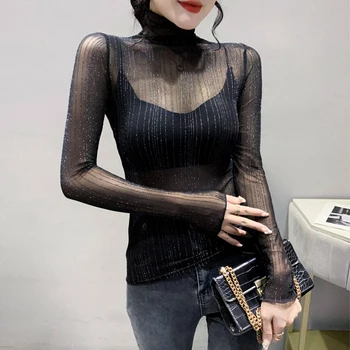 Сексуальная женская футболка, прозрачные сетчатые топы с длинным рукавом, прозрачная тонкая женская футболка с высоким воротом, кружевной укороченный топ S-2XL