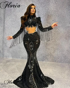 Новейшие черные расшитые бисером платья знаменитостей с кристаллами, вечерние платья с высоким воротом и длинными рукавами, роскошные Vestidos De Noche на заказ