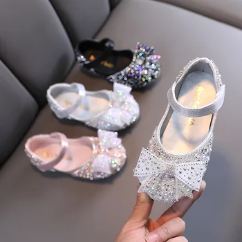 Сандалии для девочек 2023 Новая кожаная обувь Детская обувь принцессы Модные расшитые блестками туфли для танцев с бантом для маленьких девочек G05