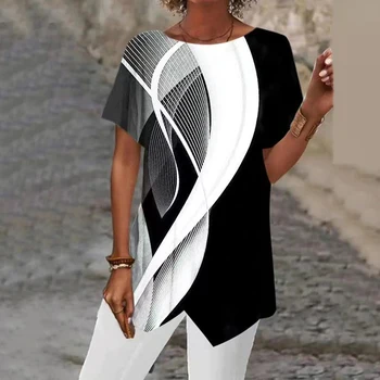 Женская футболка с модным принтом с нерегулярным подолом 2023, повседневный свободный пуловер с круглым вырезом и коротким рукавом, Элегантная винтажная женская рубашка
