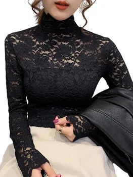 Осенняя женская тонкая черная кружевная футболка, сексуальная водолазка с длинным рукавом, тонкие кружевные футболки в стиле пэчворк, вязаные крючком