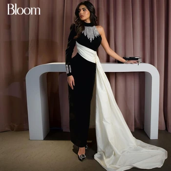 Черные выпускные платья Bloom с длинным рукавом на одно плечо из крепа С хвостом цвета слоновой кости, украшенные бисером, вечерние платья-футляры 2024, официальное вечернее платье