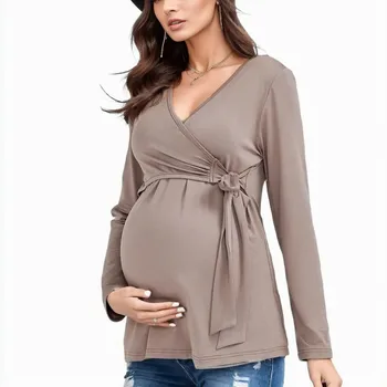 Женская рубашка для беременных с длинным рукавом и V-образным вырезом, топы для беременных и кормящих, Регулируемый галстук на талии, накидка спереди, Одежда для беременных и кормящих