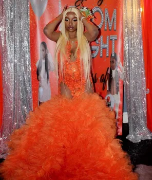 Оранжевое платье Русалки с длинным рукавом для выпускного вечера для женщин, кружевные оборки с аппликацией, платья королевы дня рождения для черных девочек, вечерние халаты