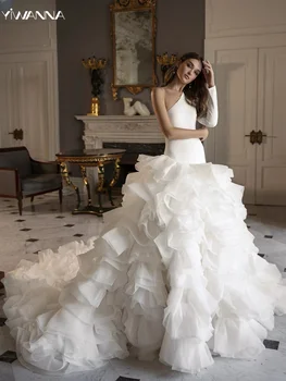 Современное свадебное платье с длинным рукавом на одно плечо, Классический халат невесты в складку, Элегантное бальное платье, Длинное свадебное платье Robe De Mariée