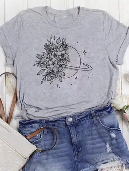 Модная футболка с космическим цветком, трендовая одежда 90-х, Повседневные футболки с принтом, короткий рукав, женская летняя футболка с рисунком