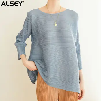 ALSEY Miyake Плиссированная модная футболка с круглым вырезом и нерегулярным сращиванием, Весенняя новинка, Плюс Размер, Свободный Повседневный женский топ с длинным рукавом
