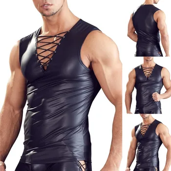 Мужские сексуальные футболки, кожаные топы, одежда для ночного клуба, сценические костюмы с глубоким V-образным вырезом, приталенный черный