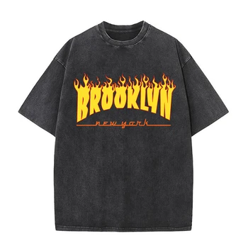 Бруклин, Нью-Йорк, Огненный дизайн, Мужские футболки, Летние хлопковые футболки унисекс, Свободная роскошная одежда в стиле хип-хоп, мужская одежда с воротником-стойкой.