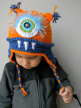 бесплатная доставка, оранжевая мультяшная шляпа, вязаный крючком Майк с одним глазом, новинка ручной работы, шляпа детского размера