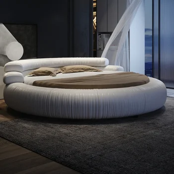 Минималистичная кожаная большая круглая кровать, современная минималистичная большая двуспальная кровать в главной спальне, круглая роскошная свадебная кровать для романтической пары