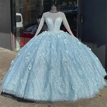2024 Роскошные пышные платья с длинными рукавами и бисером, украшенные кристаллами, 3D Цветочная аппликация, блестящие пайетки, платья для выпускного вечера 15-летней давности