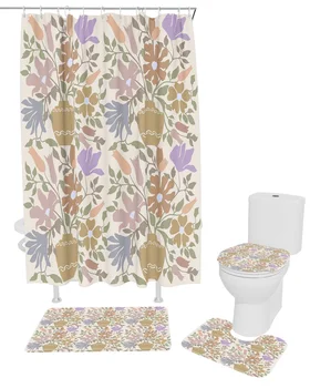 Цветы, листва, набор штор для душа, Нескользящие коврики, коврик для ванной, крышка унитаза, Водонепроницаемая занавеска для ванной из полиэстера