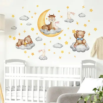 Наклейки с мультяшными животными, Луной, звездами и облаками, для украшения фоновых стен в комнате - Самоклеящиеся рисунки на стенах
