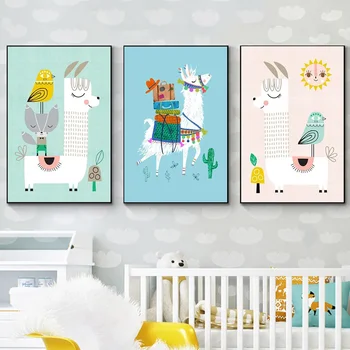 Декор детской Принты и плакаты Мультяшная Лама с Лисой Птица Холст Картина Милое животное Альпака Декор стен детской комнаты