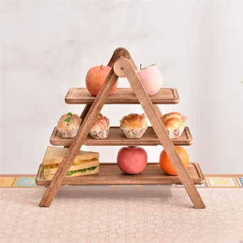 Креативный деревянный поднос с трехслойным фруктовым тортом, стеллаж для хранения обеденных тарелок, многослойный поднос из массива дерева, стеллаж для выставки товаров