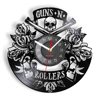Настенные часы с виниловой пластинкой Guns N Rollers для тату-студии Декор, вырезанный из черепа и розы, Граммофон, часы для музыкальной записи, подарок татуировщику