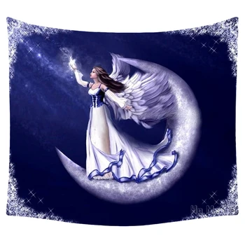 Фэнтезийное Сказочное искусство, Ангел на Луне, Звезда, фиолетовый фон, Гобелен для спальни, гостиной, домашнего декора