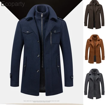 5xl Новые мужские осенне-зимние модные шерстяные тренчи, повседневная куртка средней длины с двойным воротником на молнии, мужское ветрозащитное пальто