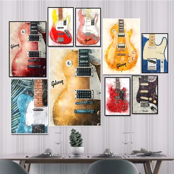 Винтажная акварельная гитара, картины на холсте, современное настенное искусство, плакаты рок-музыки и фотографии с принтом декоративного домашнего декора спальни