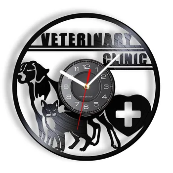 Ветеринарная клиника Настенные Часы Ветеринара По Уходу За Собаками и Кошками Ветеринарная больница Виниловая Пластинка Настенные Часы Любителей Животных Подарки Ветеринару