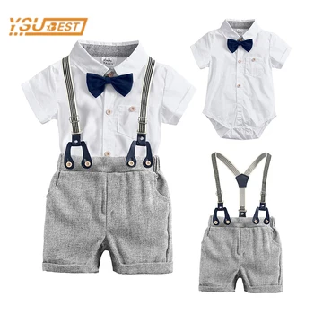 Комплект одежды для маленьких мальчиков с коротким рукавом, галстук-бабочка, Однотонный комбинезон + Шорты на бретельках, 3шт Джентльменская одежда для малышей