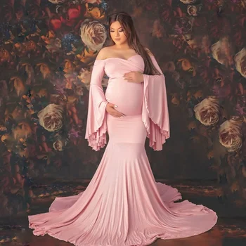 Европейский и американский женский мерсеризованный хлопок, платье-комбинезон для беременных с рукавами-оборками и шлейфом, фотография