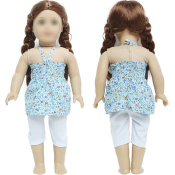 Модный наряд BJDBUS, синяя рубашка без бретелек с цветочным рисунком, Белые брюки, повседневная одежда для 18-дюймовой американской куклы для девочек, игрушки своими руками