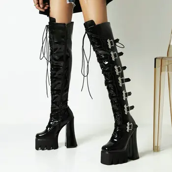 Женские ботинки на платформе в стиле панк, Сапоги выше колена на высоком квадратном каблуке, женские мотоциклетные ботинки из лакированной кожи на молнии, осень-зима