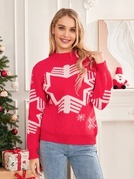 Женский милый Рождественский свитер с принтом Снежинки, Пуловер с длинными рукавами, Топы, Трикотаж для осени, теплая уличная одежда