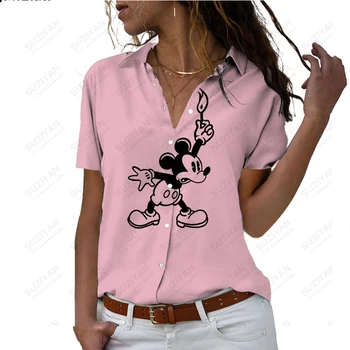 Весенний Хит Продаж, Женская Рубашка Disney С Коротким Рукавом, Кардиган На Пуговицах, Элегантная Дышащая Женская Шифоновая Рубашка С 3D Принтом Minnie