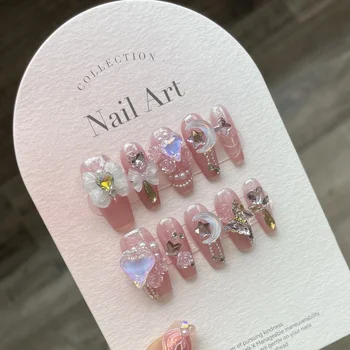 10шт Сладких розовых ногтей ручной работы, японская балерина со стразами, Носимые накладные ногти, накладные ногти, советы по искусству