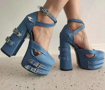 Женские сандалии на платформе ippeum 2023 Летние туфли-лодочки на массивном каблуке в готическом стиле с пряжкой на ремне, Пикантные синие джинсовые туфли на каблуках