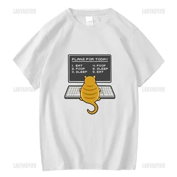 Футболка с забавным котом-программистом для молодого мужчины, Крутые повседневные графические топы с коротким рукавом, аниме-рубашка, Женская одежда, Хлопковая футболка
