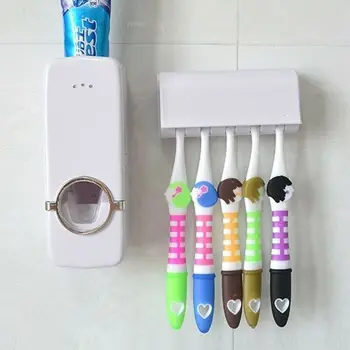 Модный дозатор зубной пасты + Набор из 5 держателей для зубных щеток, Настенная подставка, Автоматическая соковыжималка для зубной пасты