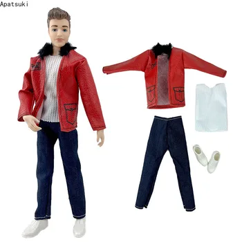 Модные мотоциклетные наряды из красной кожи для куклы Кен Бой, комплект одежды для куклы Кен, пальто, куртка, жилет, брюки, Обувь для куклы Кен, аксессуары