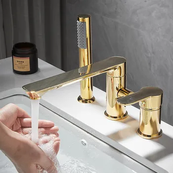 Золотой смеситель для ванны Широко Распространенный смеситель для раковины из матовой золотой латуни для ванной комнаты Смеситель для душа с ручной насадкой для душа