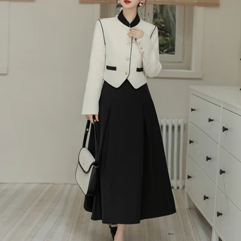 Весенне-осенние женские французские костюмы в стиле ретро 2023, модное короткое пальто со стоячим воротником, укороченный топ + Свободная длинная юбка, костюм-двойка, комплекты