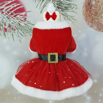 Санта Клаус Косплей Блестящее Сетчатое Платье Одежда Для Собак Бантом Лента Для Волос Дизайн Пояса Одежда Для Собак Kawaii Рождественская Вечеринка Товары Для Домашних Животных