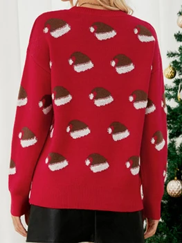 Женский Рождественский повседневный вязаный свитер красного цвета с длинным рукавом и круглым вырезом, Рождественская шапка, трикотаж с принтом