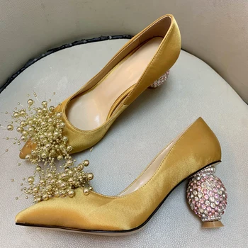 2022 Новые атласные туфли-лодочки на высоком каблуке, изготовленные на заказ, стразы, женская роскошная обувь на каблуке в виде ананаса и цветка