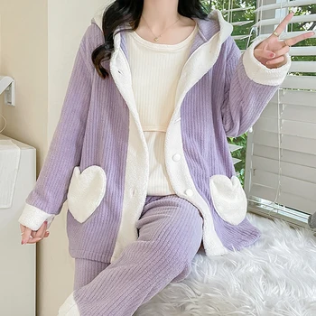 Комплекты из 3 предметов, осенне-зимняя флисовая пижама для беременных и кормящих, свободные теплые пижамы, одежда для беременных женщин, одежда для больницы при беременности