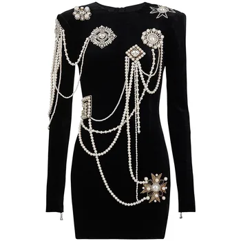 Женское платье с влеветом большого размера с круглым вырезом, расшитое бриллиантами, сексуальное вечернее мини-платье с жемчугом, черное