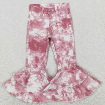 Оптовая продажа Детских карманных розовых галстуков-красителей для малышей, брюк с двойным расклешенным низом, расклешенных брюк для маленьких девочек, детских джинсовых джинсов