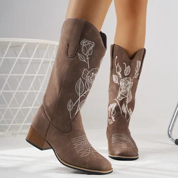 Новые сапоги в западном стиле на толстом каблуке с острым носком длиной до колена, классические ковбойские сапоги в стиле ретро с вышивкой для женщин Botas Mujer